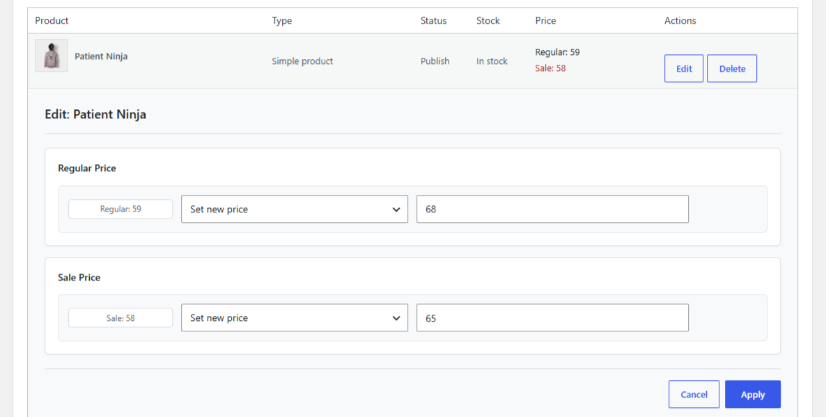 WooCommerce product prices before applying a bulk price adjustment