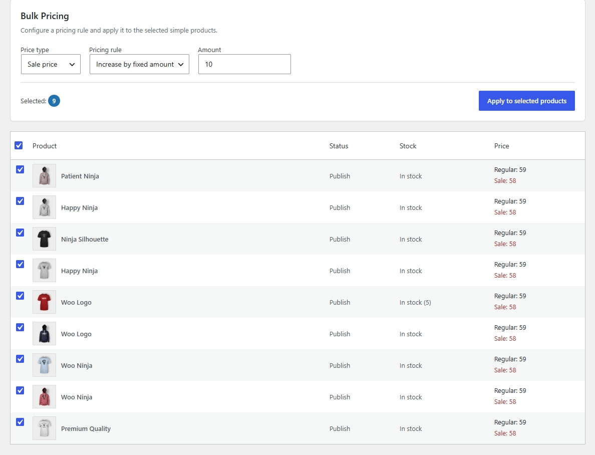 Tasbeeh Price Editor showing product prices after the bulk update